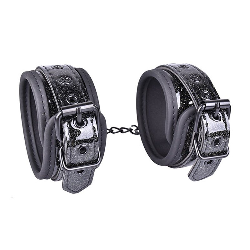 BLACK SPARKLE ANKLE CUFFS BDSM BONDAGE MANUFACTURER EROKAY